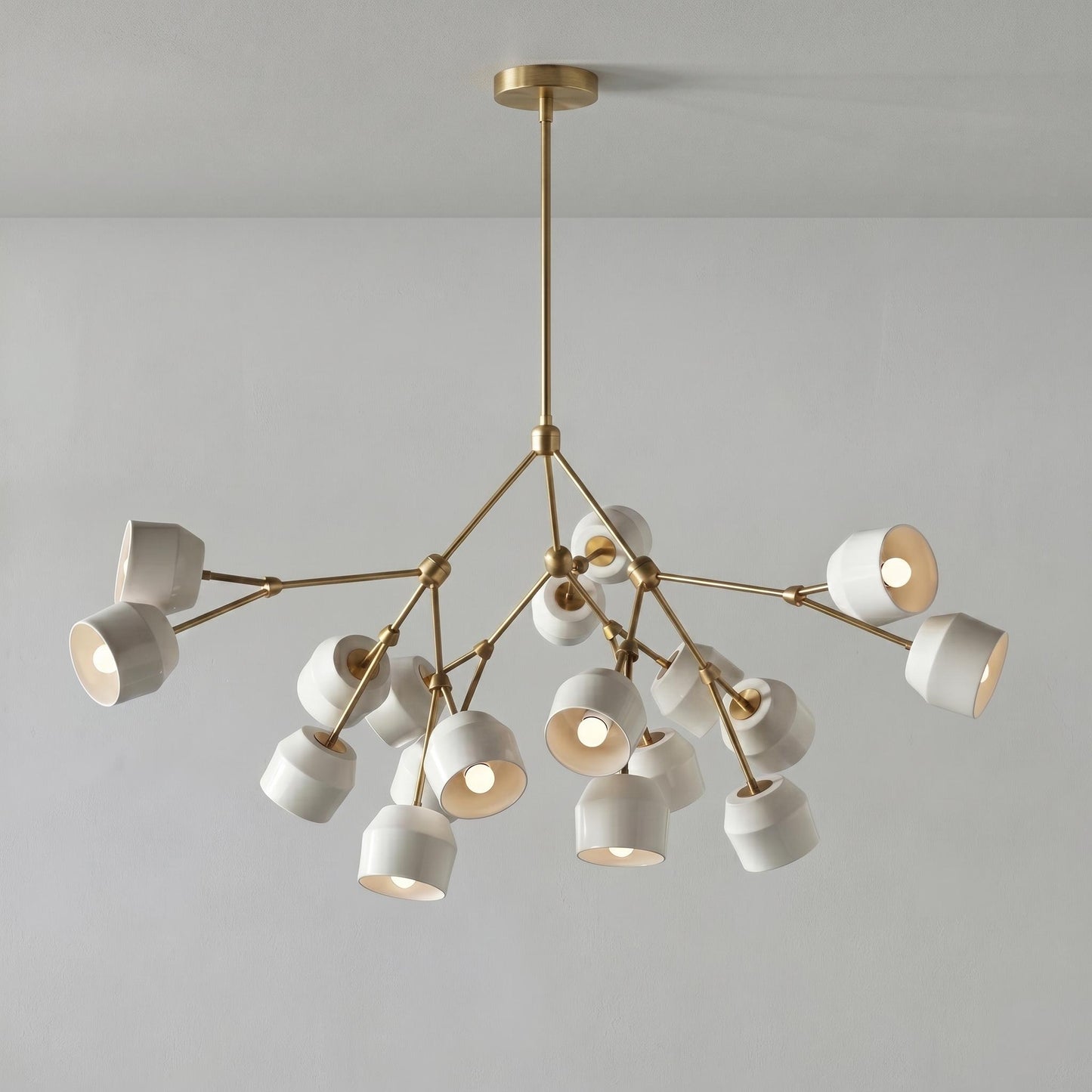 Architectural Large Branching Chandelier, Ceramic Bell Shade Pendant, Mid-Century Modern Dining Lighting