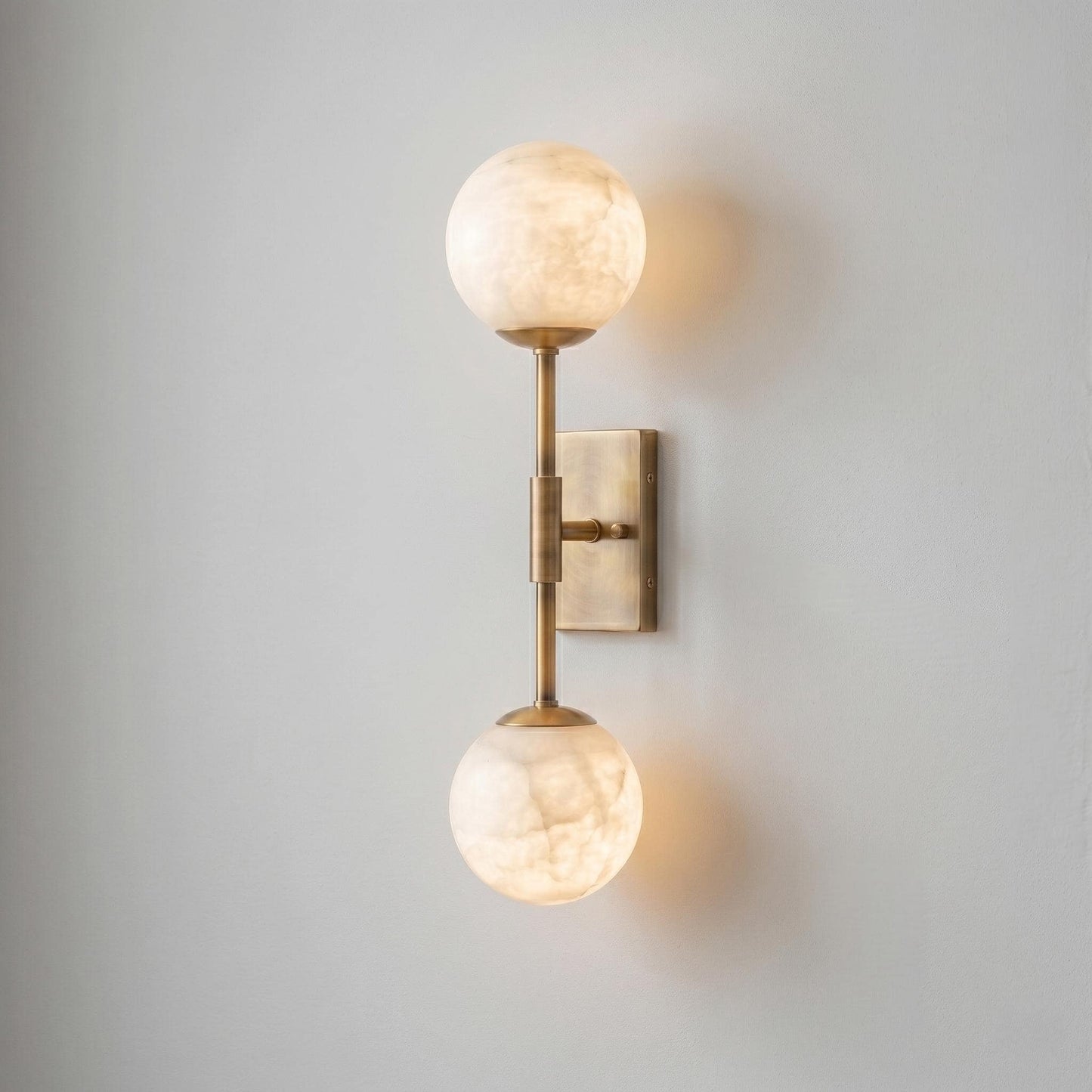Alabaster Globe Wall Sconce, Double Brass Wall Light, Luxury Bathroom Vanity Light, Modern Stone Wall Fixture