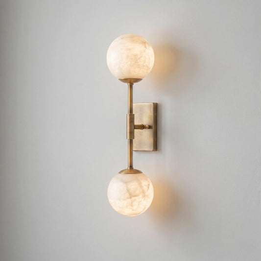 Alabaster Globe Wall Sconce, Double Brass Wall Light, Luxury Bathroom Vanity Light, Modern Stone Wall Fixture