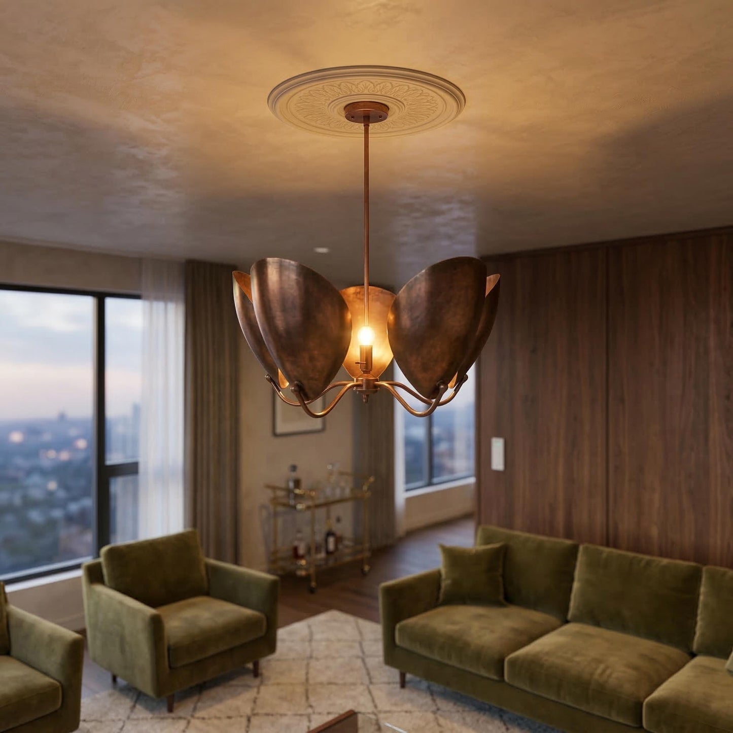 Handcrafted Brass Petal Chandelier – Sculptural Gold Ceiling Light, Mid Century Modern Fixture