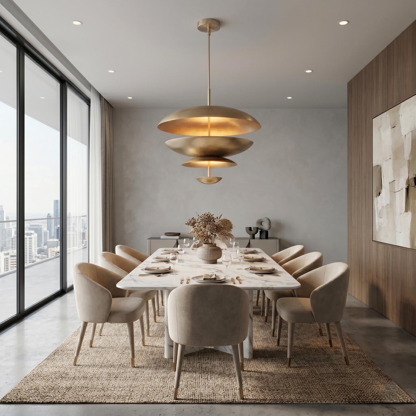 Modern Brass Tiered Chandelier, Mid Century Pendant Light, Sculptural Ceiling Fixture, Luxury Dining Room Lighting