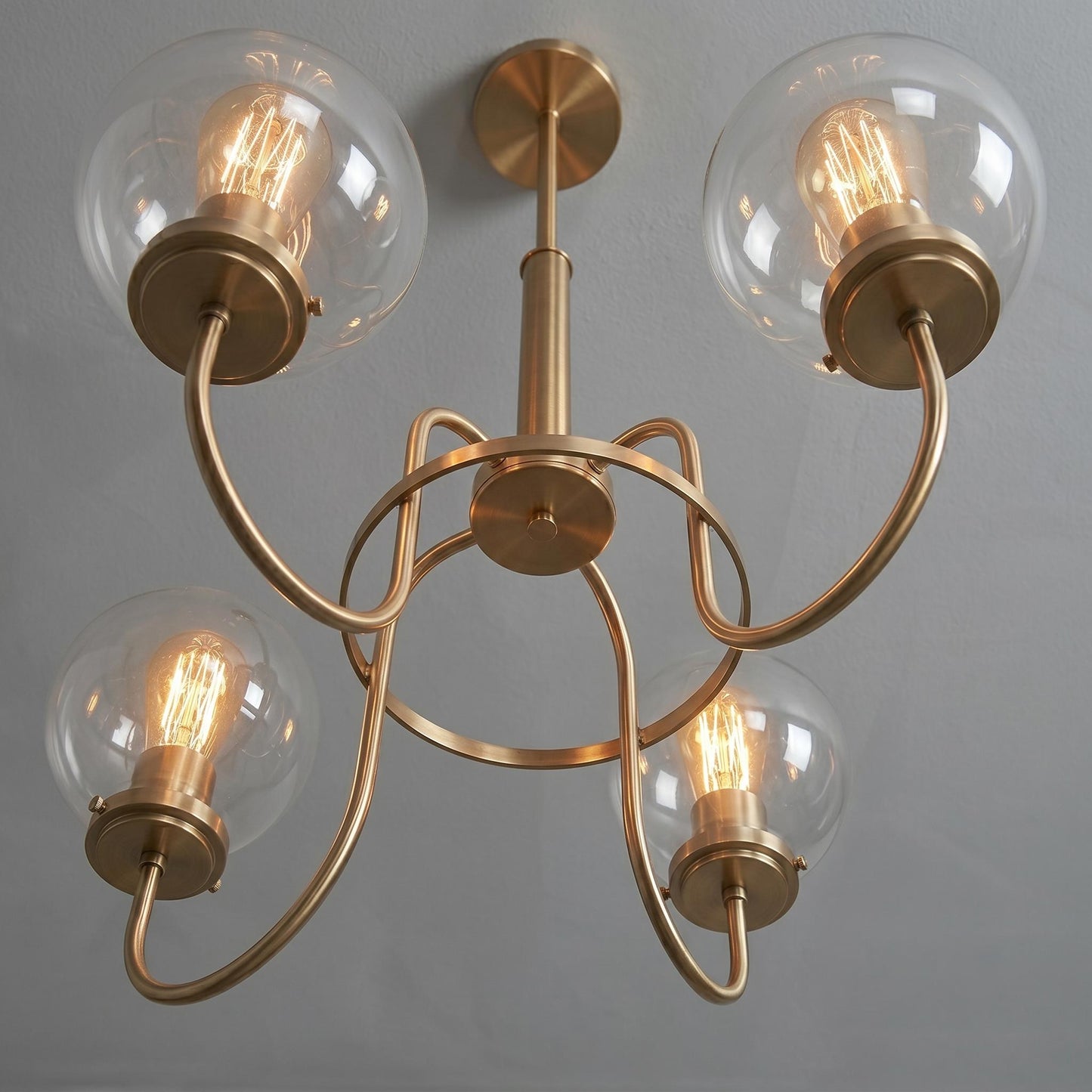 4 Light Globe Chandelier, Brass Ceiling Light, Modern Glass Globe Pendant, Vintage Chandelier, Dining Room Lighting, Mid Century Fixture