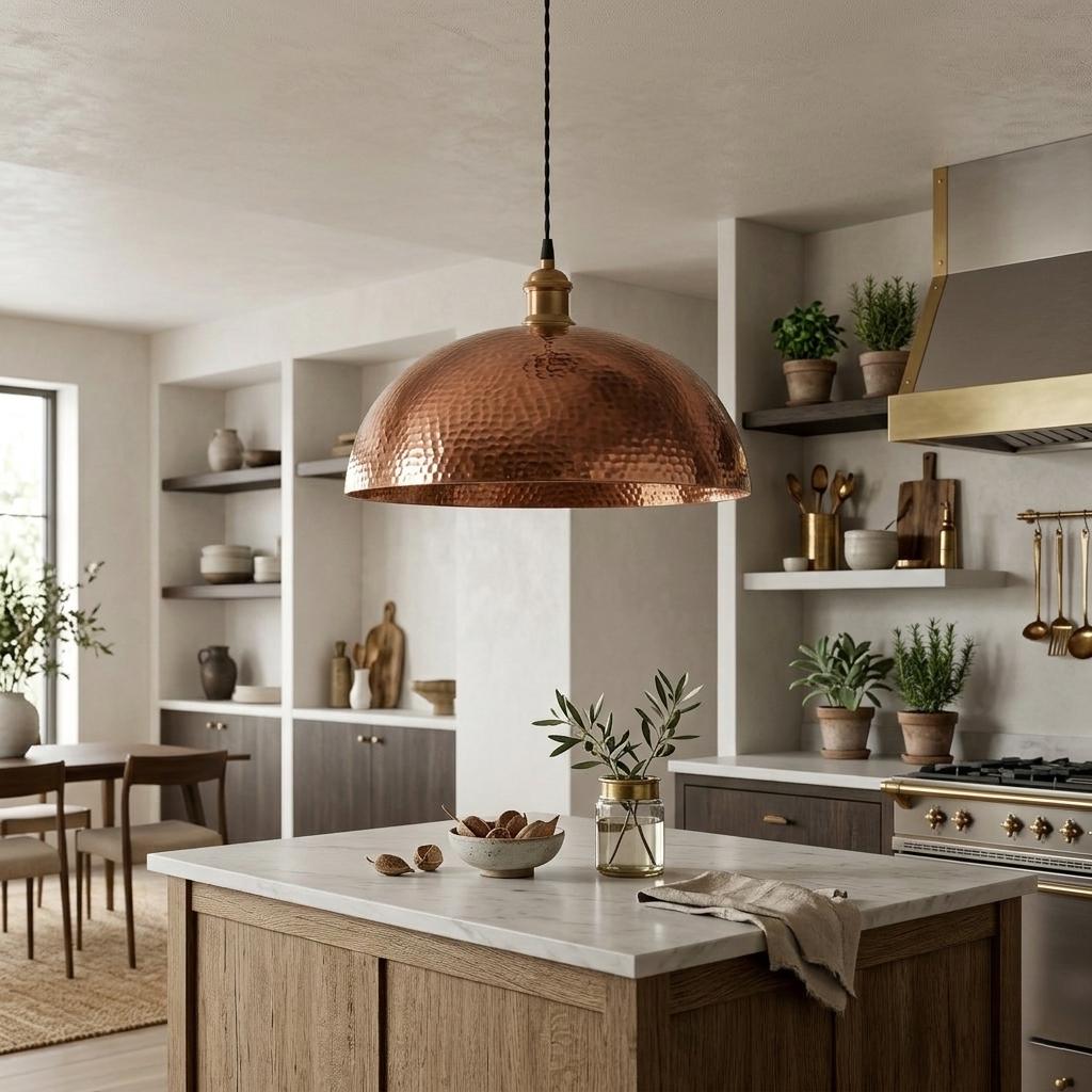 Hammered Copper Dome Pendant Light, Rustic Hanging Lamp, Kitchen Island Lighting
