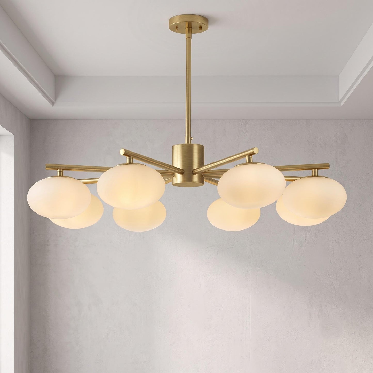 Brass Globe Chandelier, 8 Light Opal Glass Chandelier, Mid Century Ceiling Light, Dining Room Kitchen Island Fixture