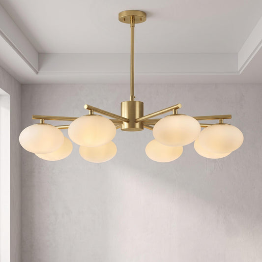 Brass Globe Chandelier, 8 Light Opal Glass Chandelier, Mid Century Ceiling Light, Dining Room Kitchen Island Fixture