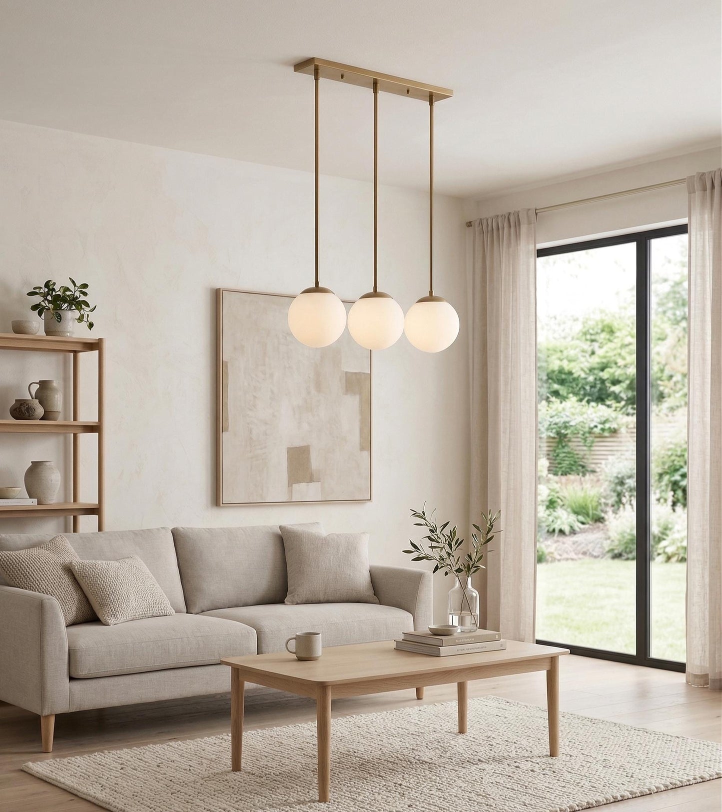 3 Globe Brass Pendant Light | Linear Chandelier, Frosted Glass, Mid Century Ceiling Fixture