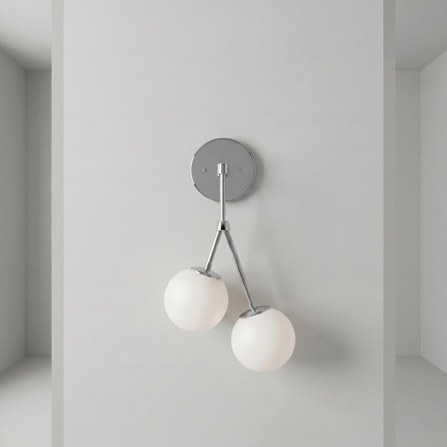 Brass Double Globe Sconce, Mid Century Frosted Glass Wall Light, 5 Inch Globe Fixture