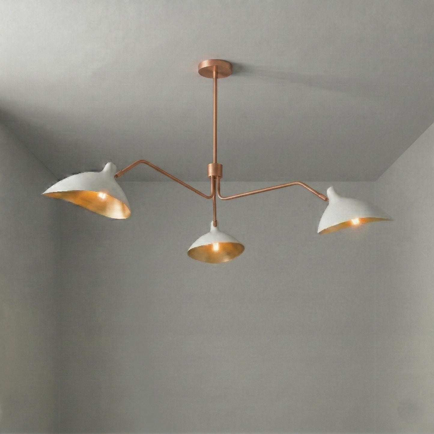 Mid Century Modern Brass 3-Arm Chandelier – Sculptural Pendant Lighting Fixture – 45" Wide Lamp
