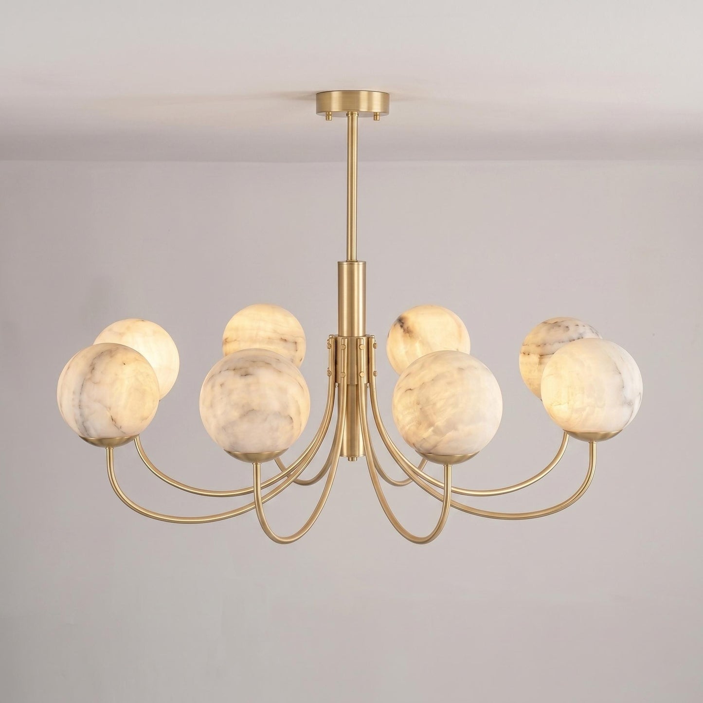 Natural Alabaster Globe Chandelier | 8 Light Brass Chandelier | Custom Finish Ceiling Light | Luxury Dining Room Lighting