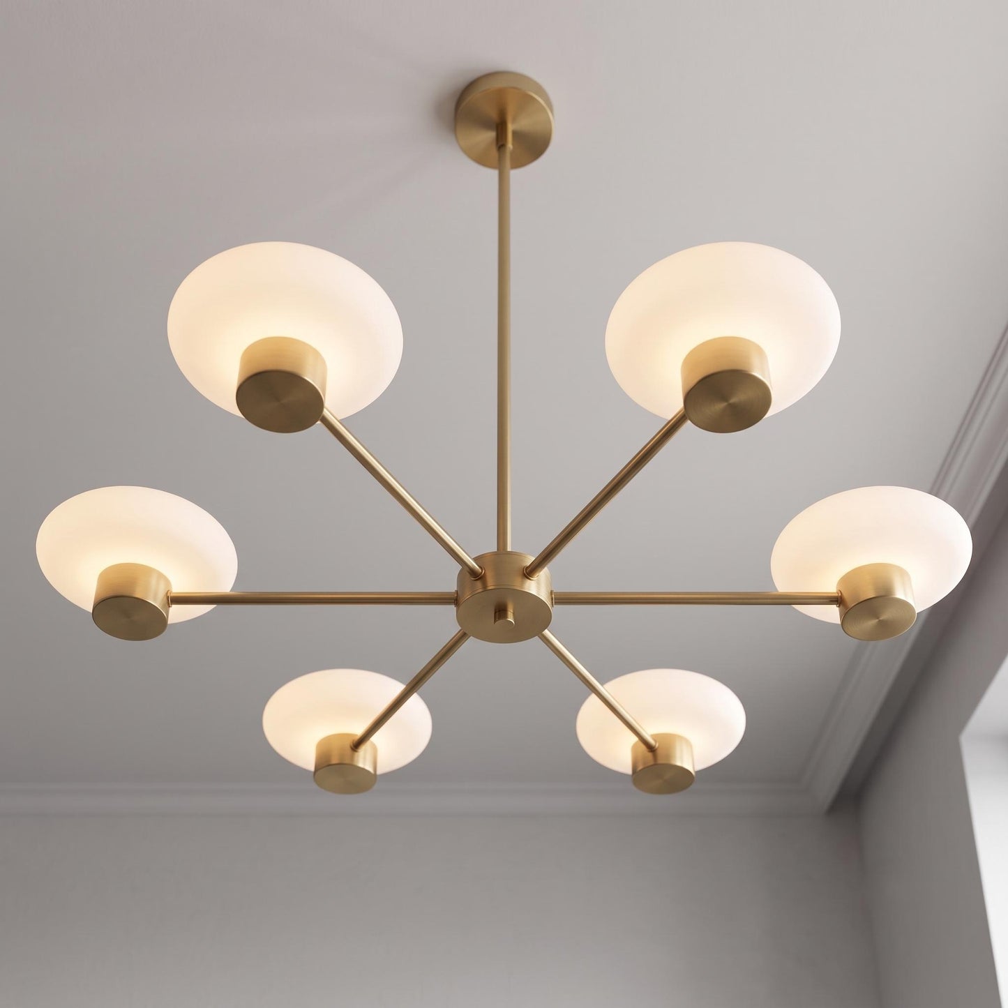 Modern Brass Sputnik Chandelier, 6 Light Opal Glass Ceiling Light, Mid Century Pendant, Dining Room Kitchen Island Lighting