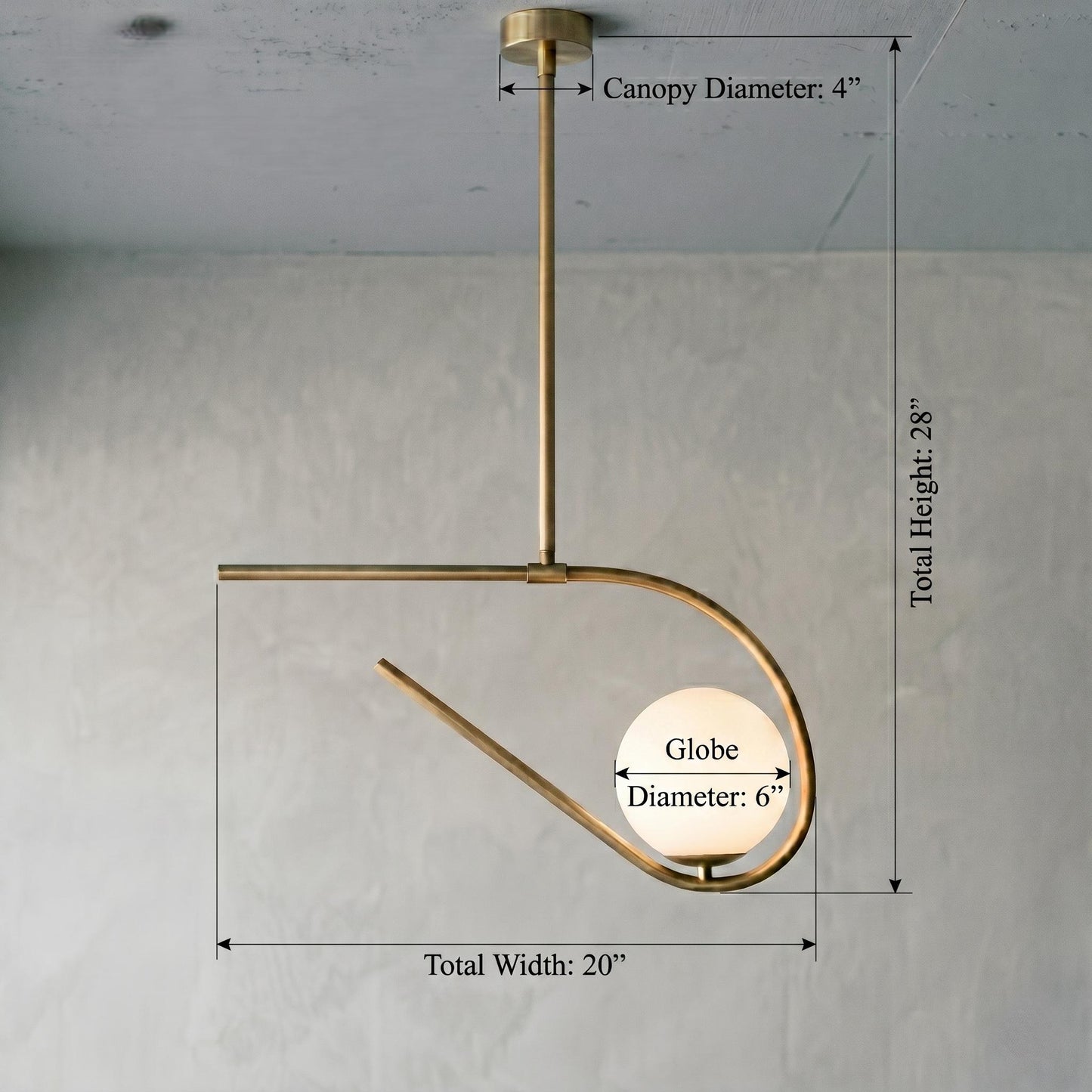 Sculptural Brass Chandelier – 6” Opal Globe Ceiling Light – Minimalist Artistic Pendant – Luxury Statement Lighting Fixture