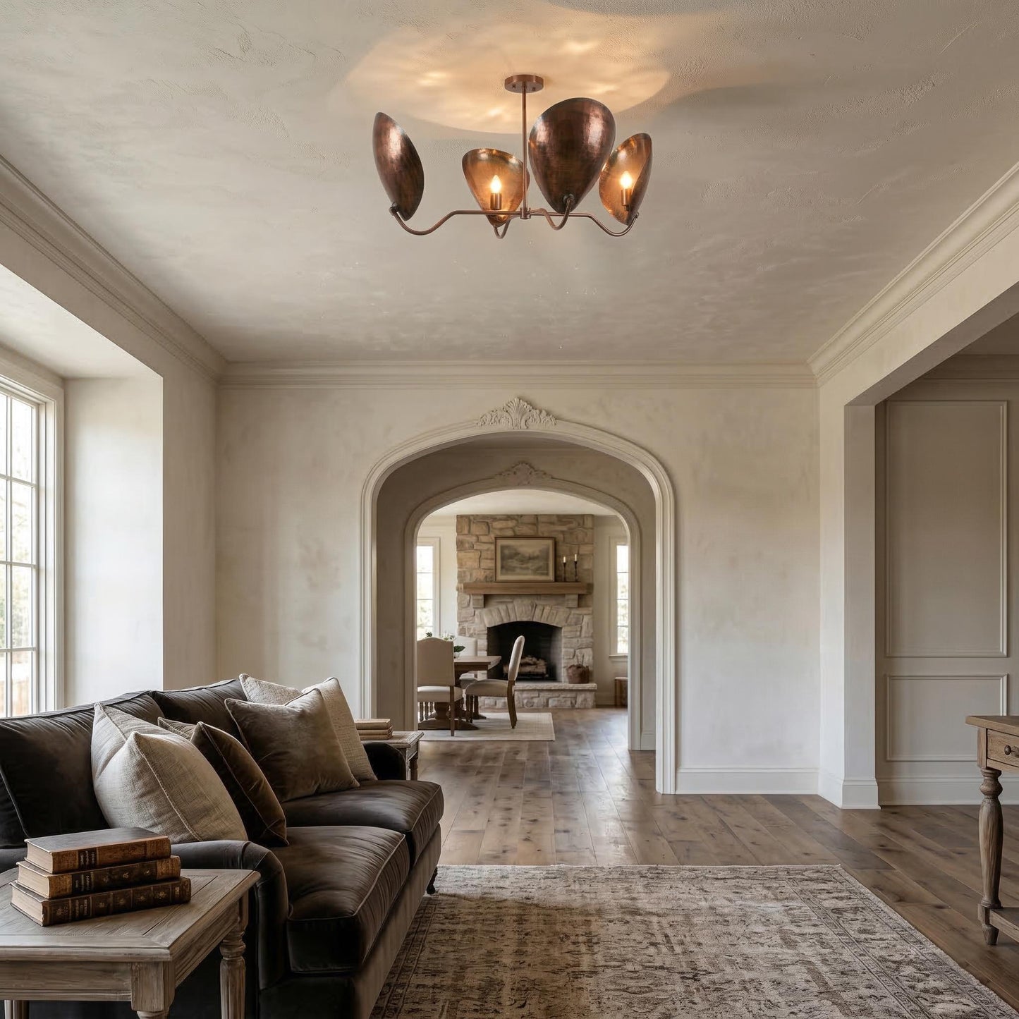 Mid Century Modern Lily Chandelier – Brass Petal Ceiling Light, 4-Light Sculptural Fixture 38” Wide)