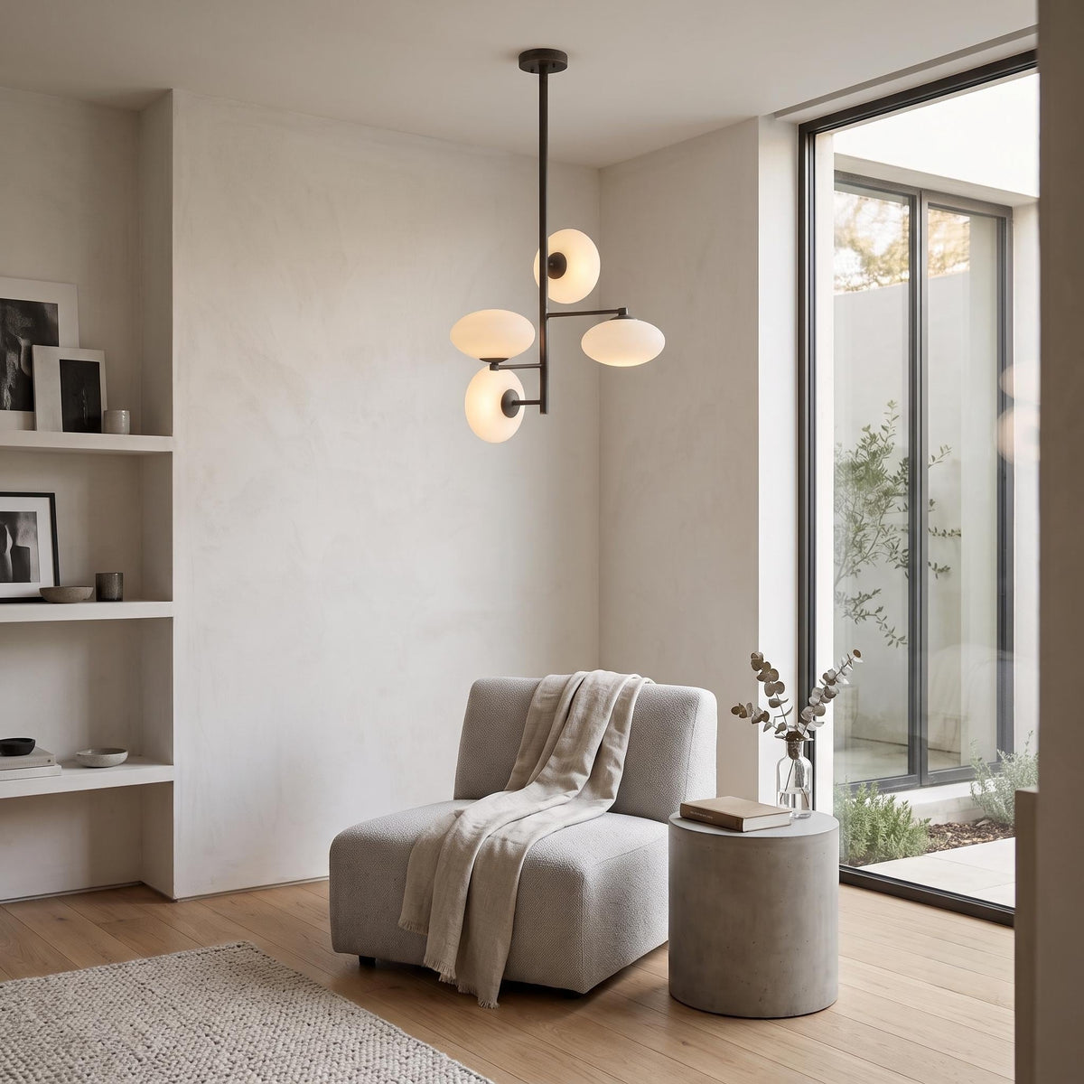 Modern Brass Opal Glass Chandelier