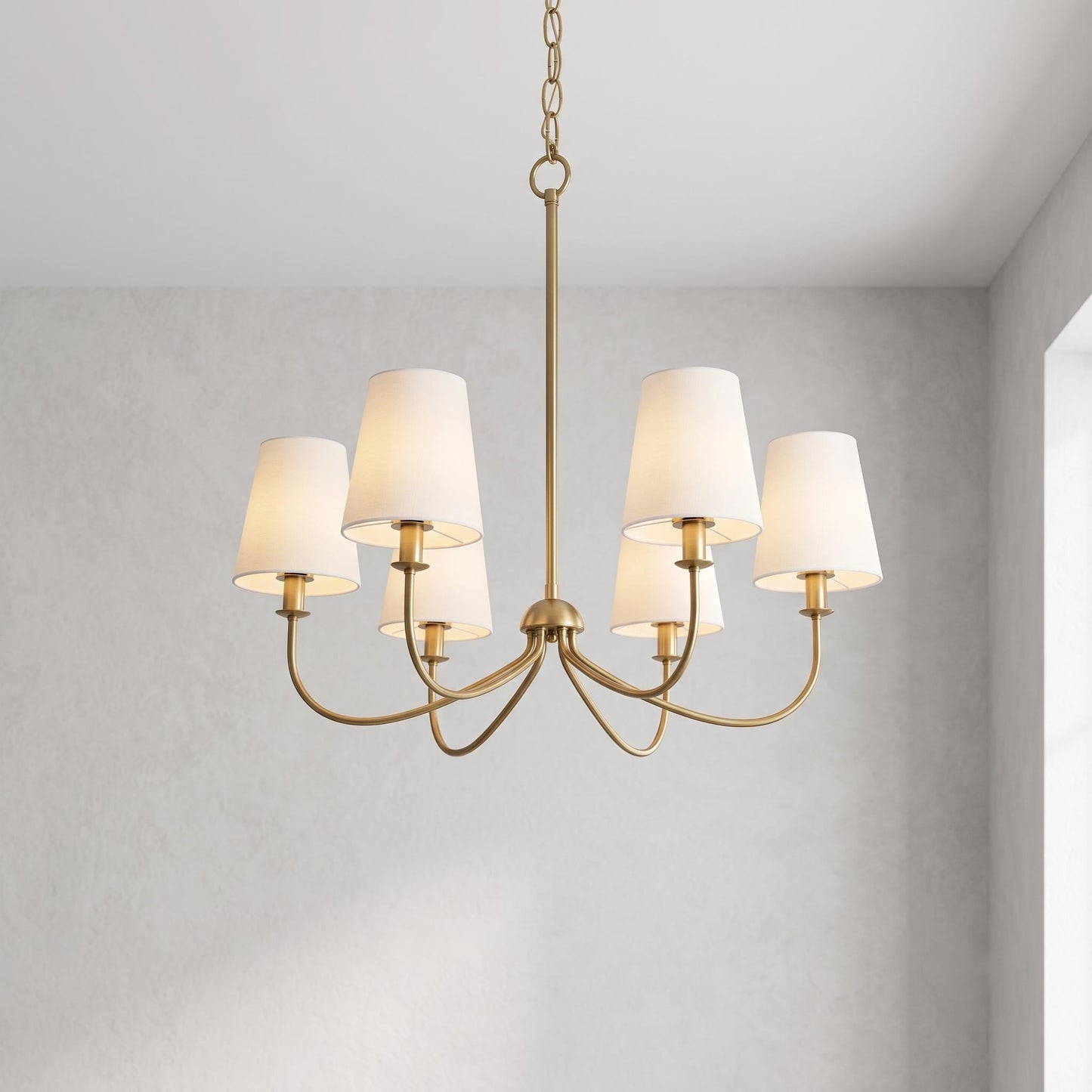 Modern Brass 6-Light Chandelier, Mid Century Pendant Light, White Fabric Shade Ceiling Light, Dining Room Kitchen Island Lighting