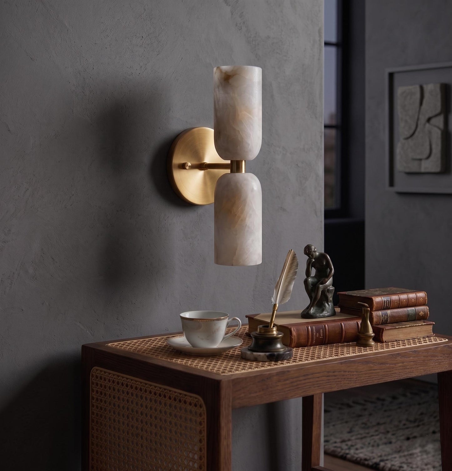 Alabaster Stone Double Cylinder Marble Sconce – Solid Brass Wall Light, Alabaster Shade Lamp