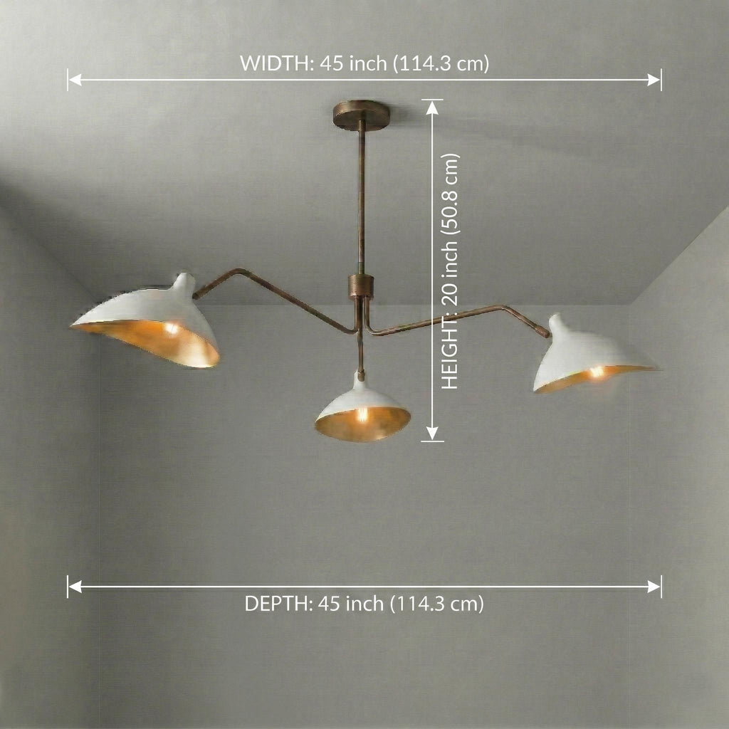 Mid Century Modern Brass 3-Arm Chandelier