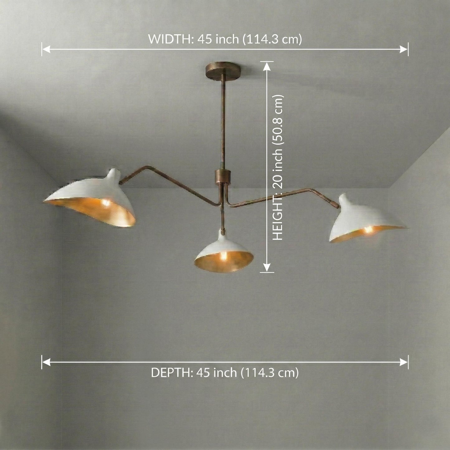 Mid Century Modern Brass 3-Arm Chandelier – Sculptural Pendant Lighting Fixture – 45" Wide Lamp