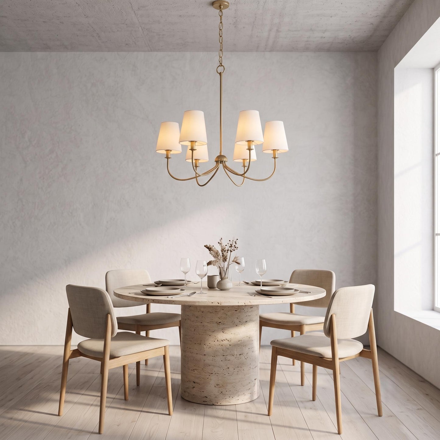 Modern Brass 6-Light Chandelier, Mid Century Pendant Light, White Fabric Shade Ceiling Light, Dining Room Kitchen Island Lighting