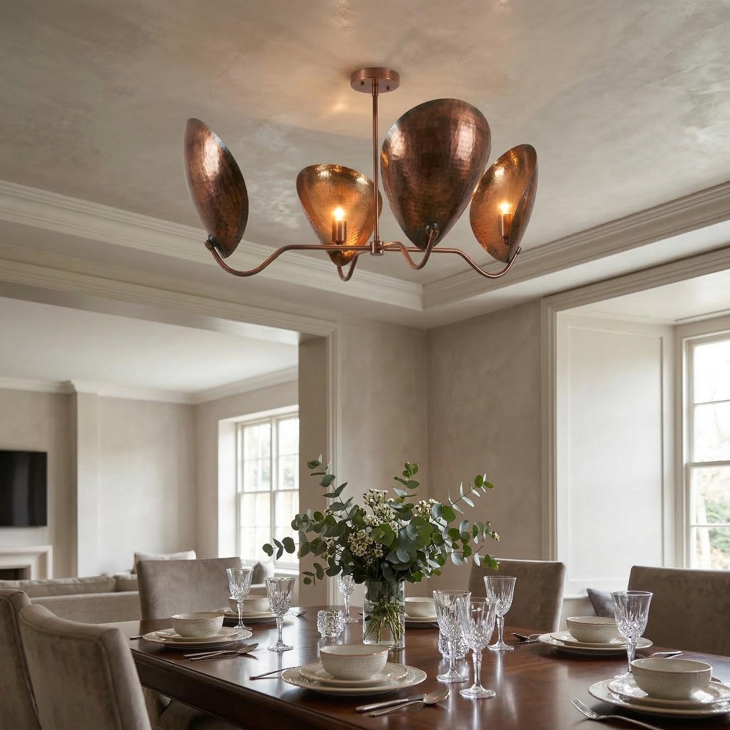 Mid Century Modern Lily Chandelier – Brass Petal Ceiling Light, 4-Light Sculptural Fixture 38” Wide)