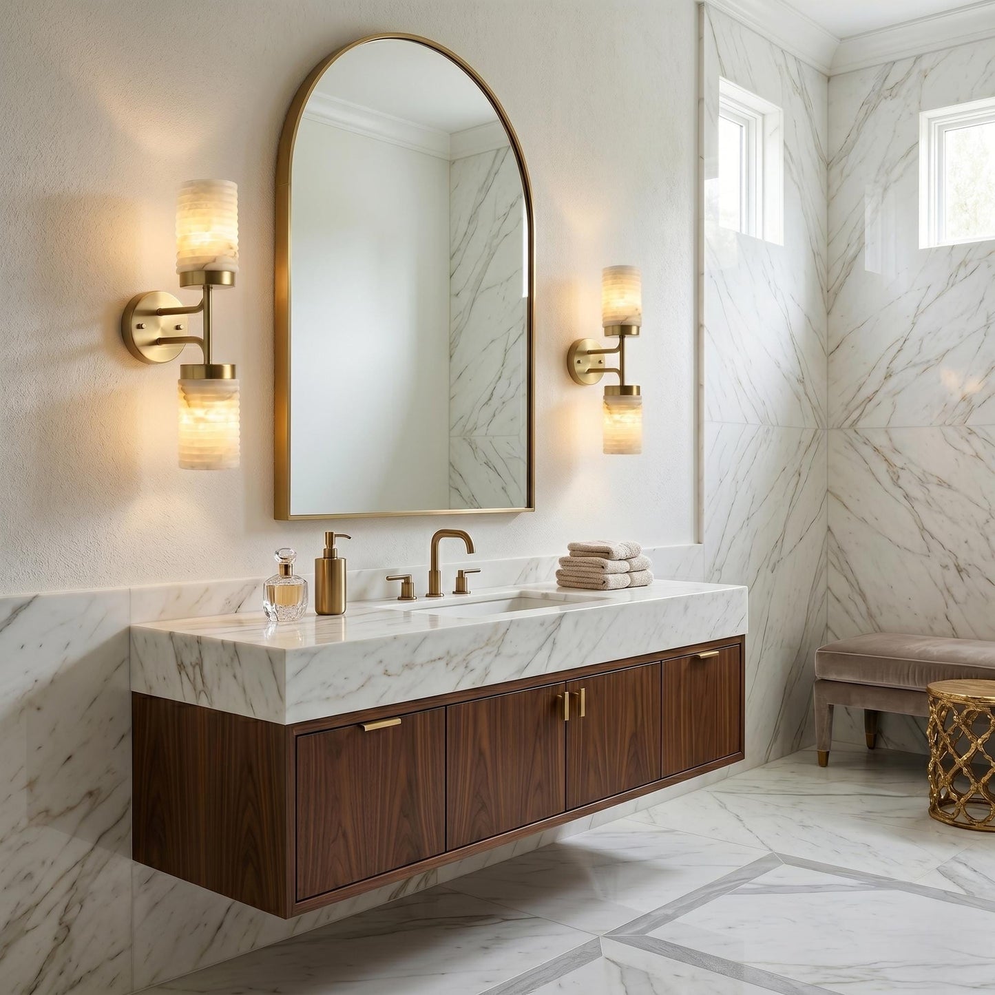 Luxury Alabaster Wall Sconce, Double Brass Wall Light, Luxury Bathroom Vanity Light, Modern Stone Sconce, Custom Finish