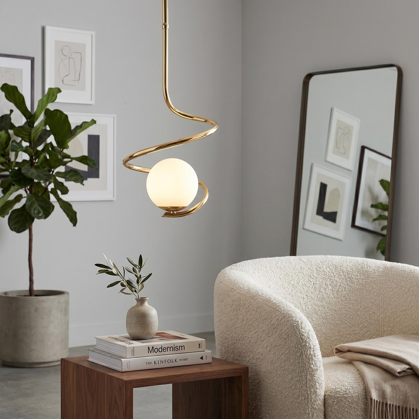 Sculptural Spiral Brass Pendant Light – 6” Opal Globe Chandelier, Minimalist Ceiling Lamp