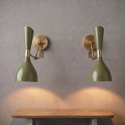 Adjustable Brass Swing Arm Sconce – Mid Century Modern Wall Light, Colorful Metal Shade