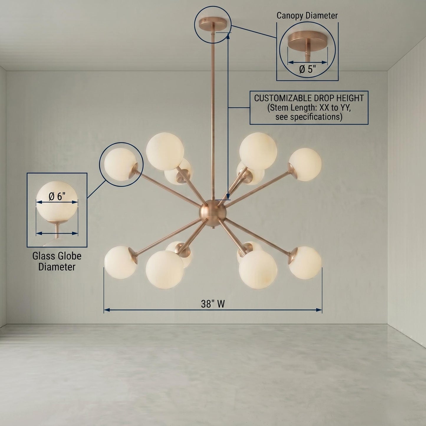 Sputnik Globe Chandelier, 12 Light Modern Chandelier, Mid Century Ceiling Light, Glass Globe Pendant, Brass Dining Room Chandelier