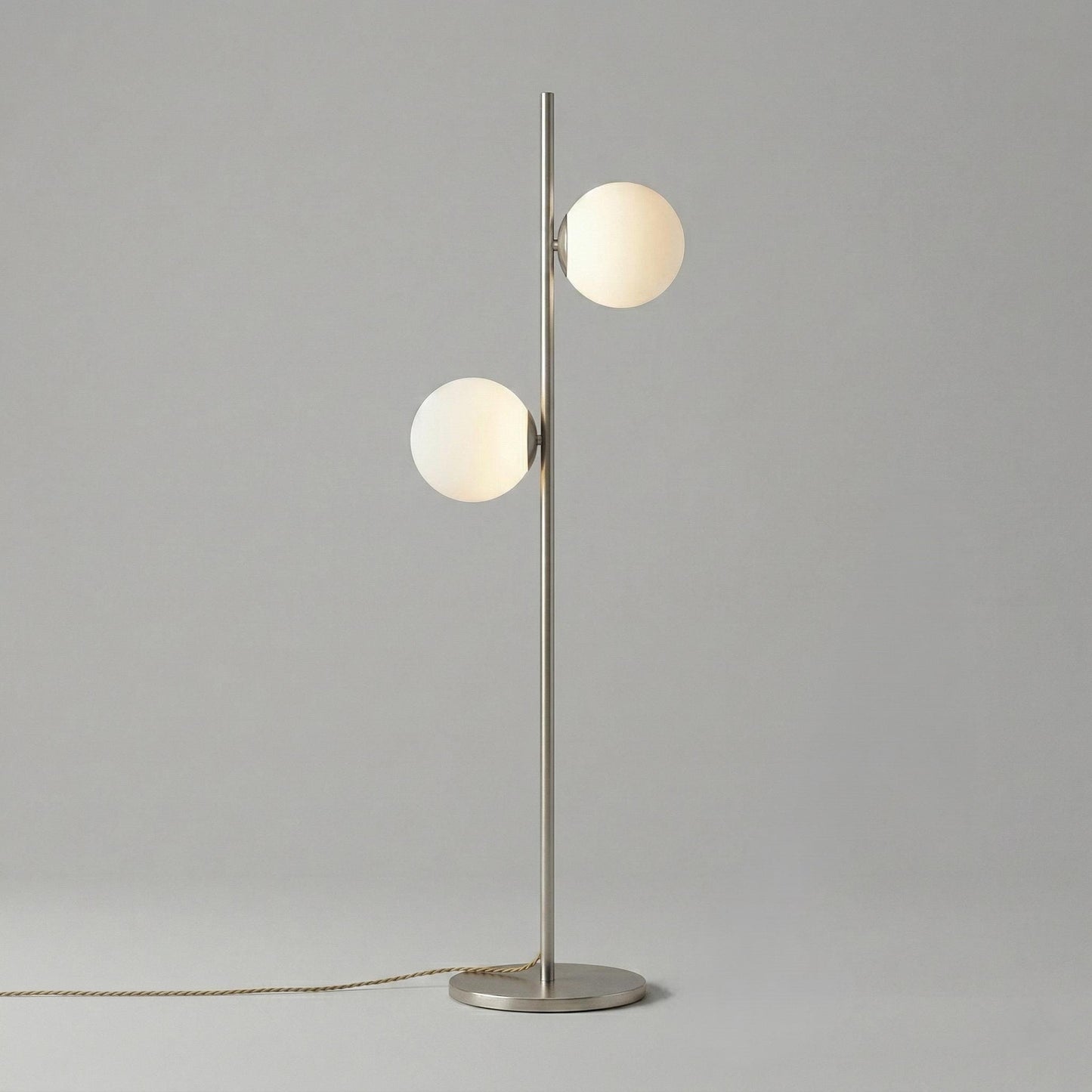 Modern Brass Double Globe Floor Lamp | Mid Century Opal Glass Standing Light