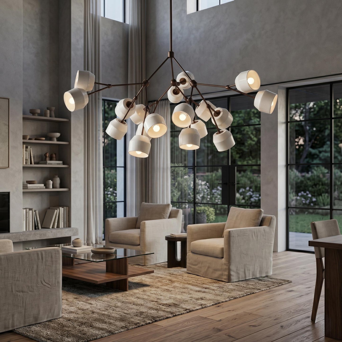 Architectural Large Branching Chandelier, Ceramic Bell Shade Pendant, Mid-Century Modern Dining Lighting