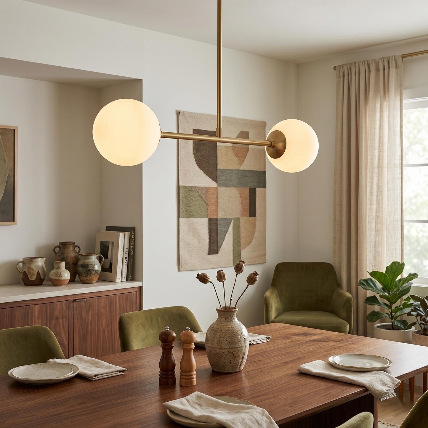 Modern Brass Double Globe Ceiling Light, Mid Century Opal Glass Pendant Lighting