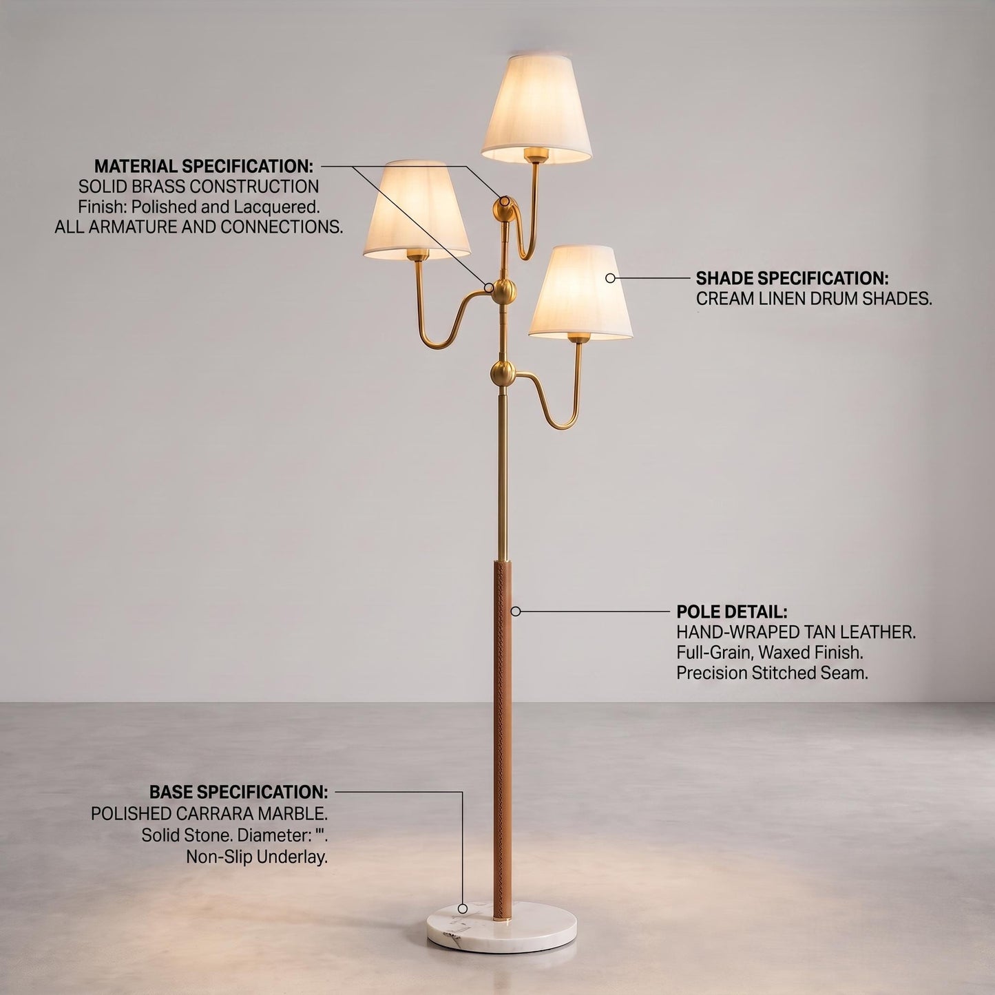 Modern Brass Floor Lamp, 3 Light Standing Lamp, Linen Shade Floor Light, Marble Base Floor Lamp, Leather Wrapped Floor Lamp, Luxury Living