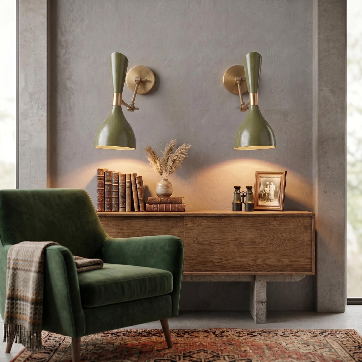 Adjustable Brass Swing Arm Sconce – Mid Century Modern Wall Light, Colorful Metal Shade