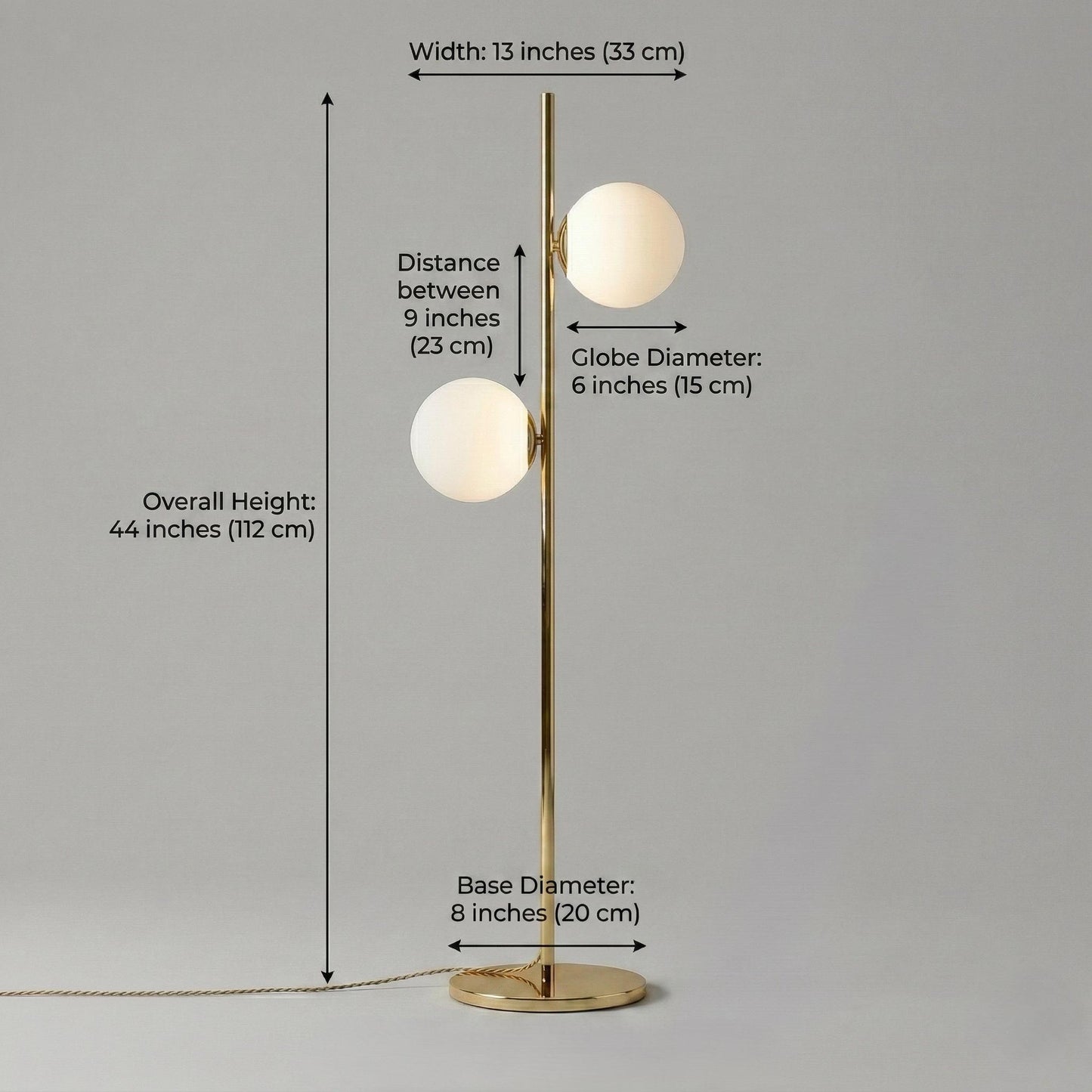 Modern Brass Double Globe Floor Lamp | Mid Century Opal Glass Standing Light