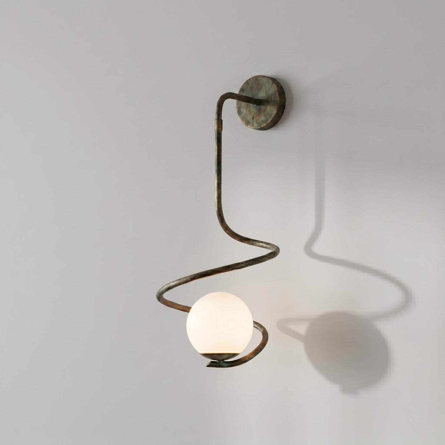 Sculptural Brass Spiral Sconce – Large Modern Opal Glass Globe Lighting Fixture
