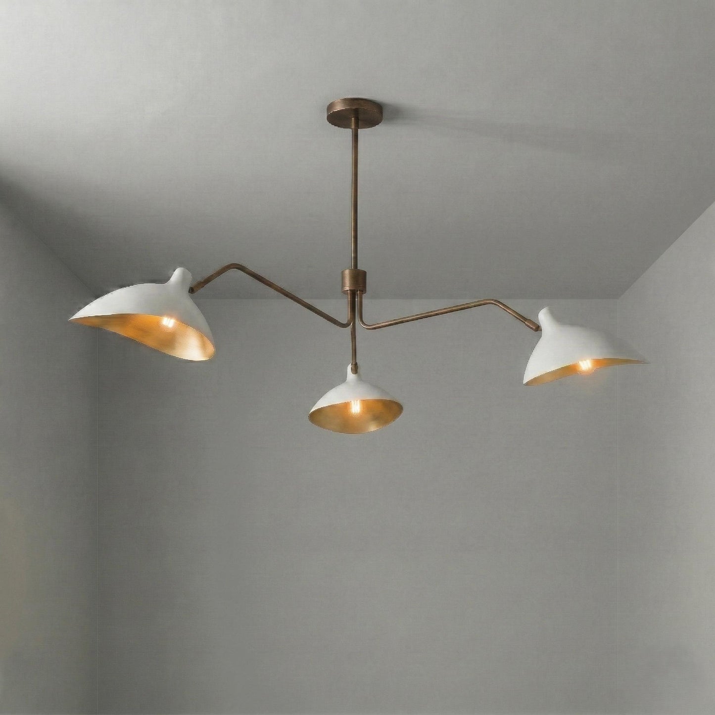 Mid Century Modern Brass 3-Arm Chandelier – Sculptural Pendant Lighting Fixture – 45" Wide Lamp