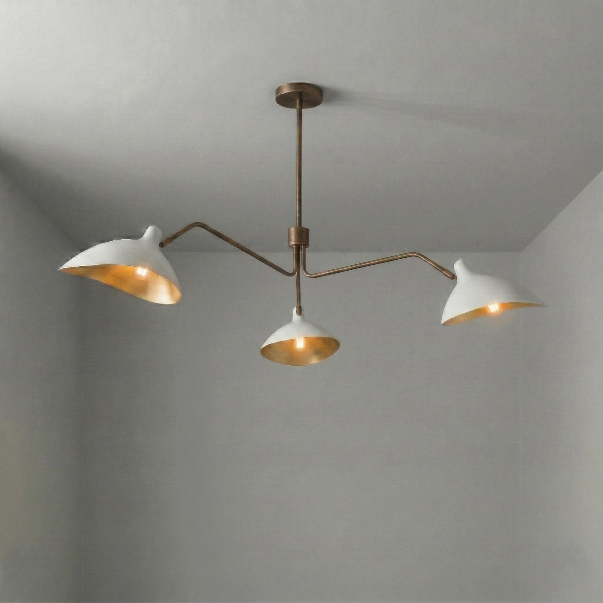 Mid Century Modern Brass 3-Arm Chandelier