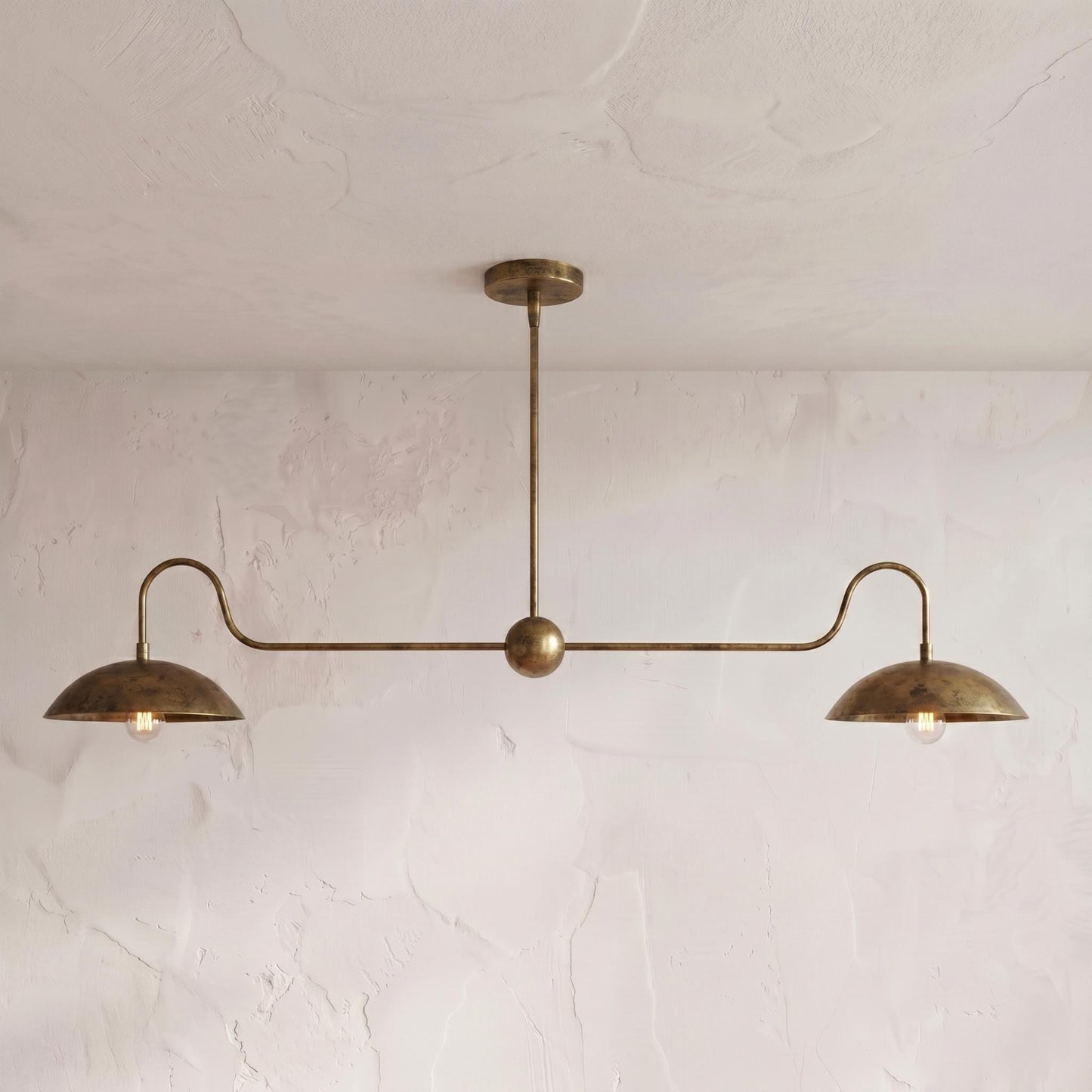 Solid Brass Linear Chandelier – Double Dome Pendant Light, Mid-Century Kitchen Island Fixture