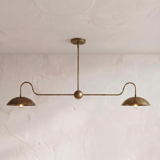 Solid Brass Linear Chandelier – Double Dome Pendant Light, Mid-Century Kitchen Island Fixture