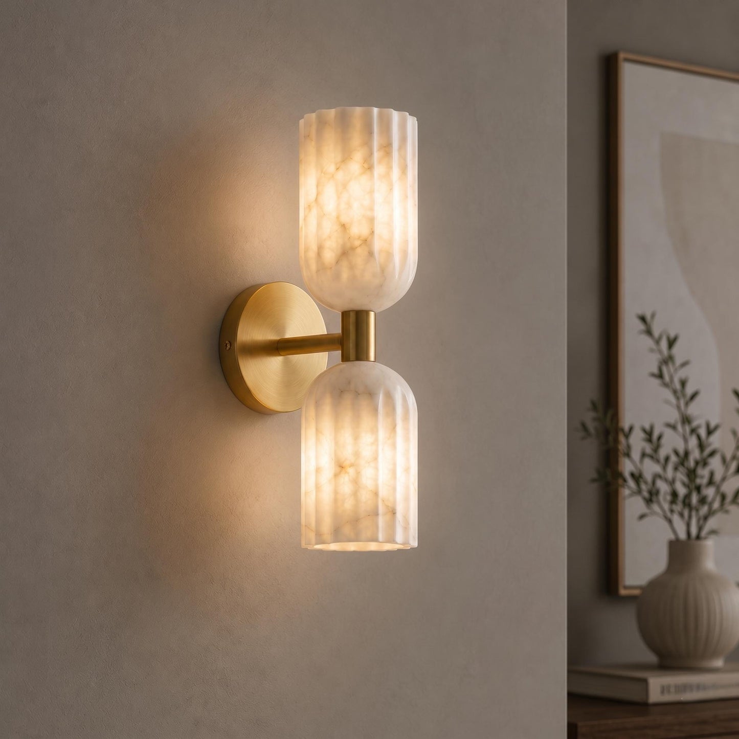 Fluted Alabaster Wall Sconce, Brass Double Light Wall Lamp, Modern Bathroom Vanity Light, Luxury Natural Stone Lighting Fixture