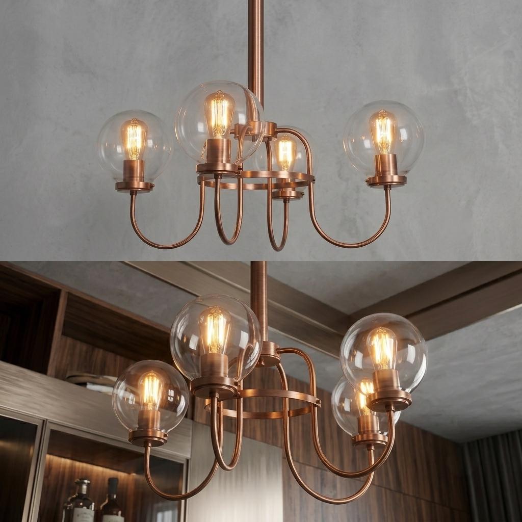 4 Light Globe Chandelier, Brass Ceiling Light, Modern Glass Globe Pendant, Vintage Chandelier, Dining Room Lighting, Mid Century Fixture