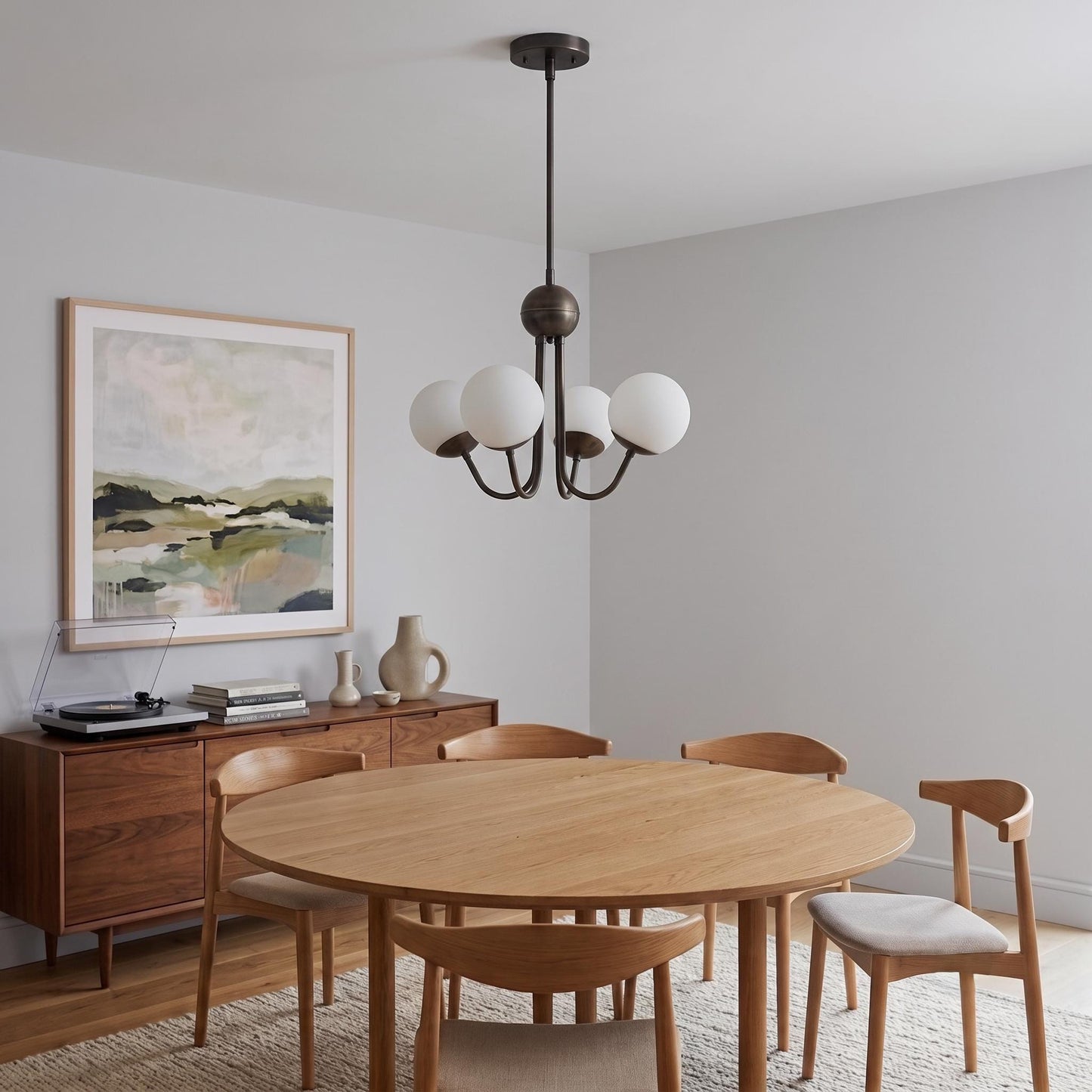 Modern Brass 4 Light Opal Glass Pendant, Mid Century Brass Chandelier, Contemporary Ceiling Light, Dining Room Fixture