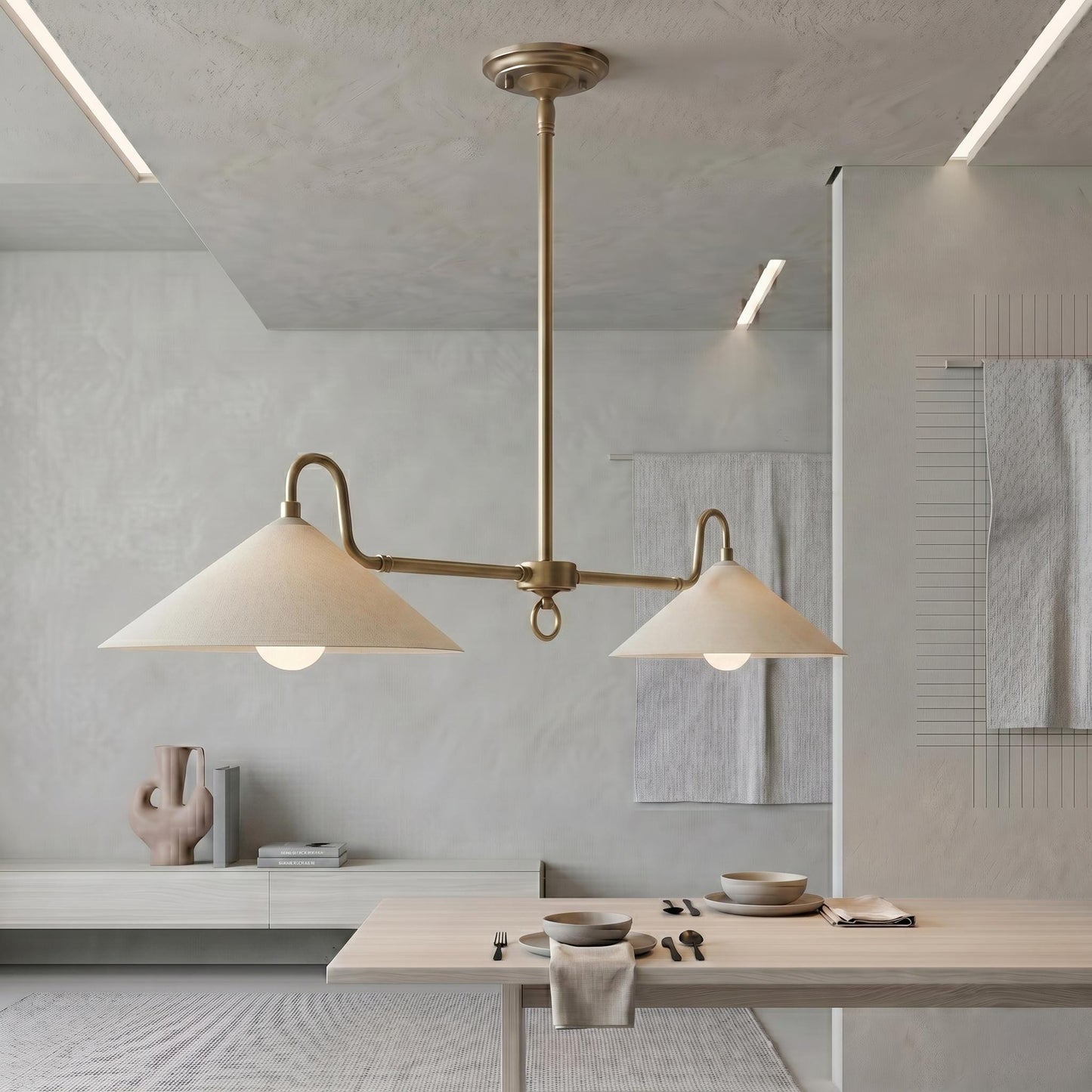 Dual Shade Brass Chandelier – Modern Linear Kitchen Island Lighting (Customizable Drop)