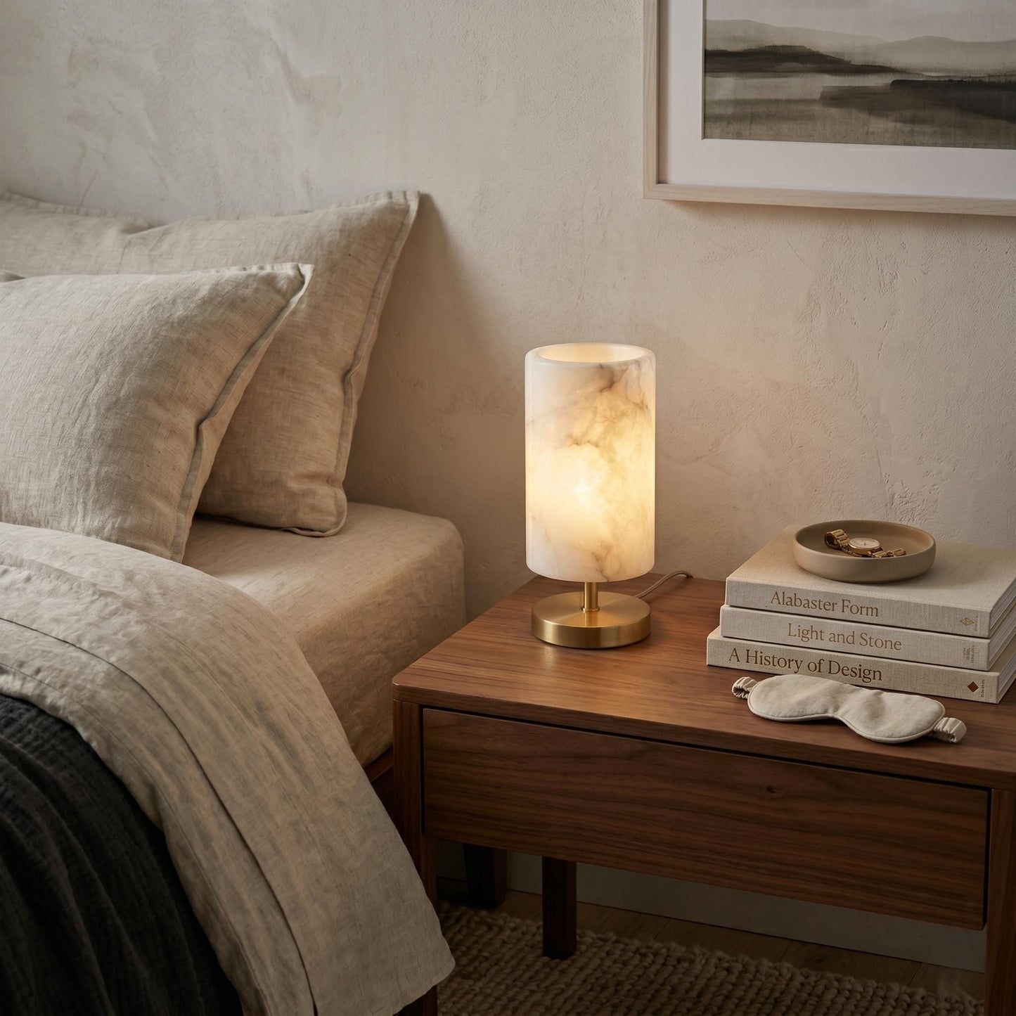 Natural Alabaster Table Lamp, Brass Bedside Lamp, Luxury Stone Desk Light, Modern Nightstand Lighting, Custom Finish