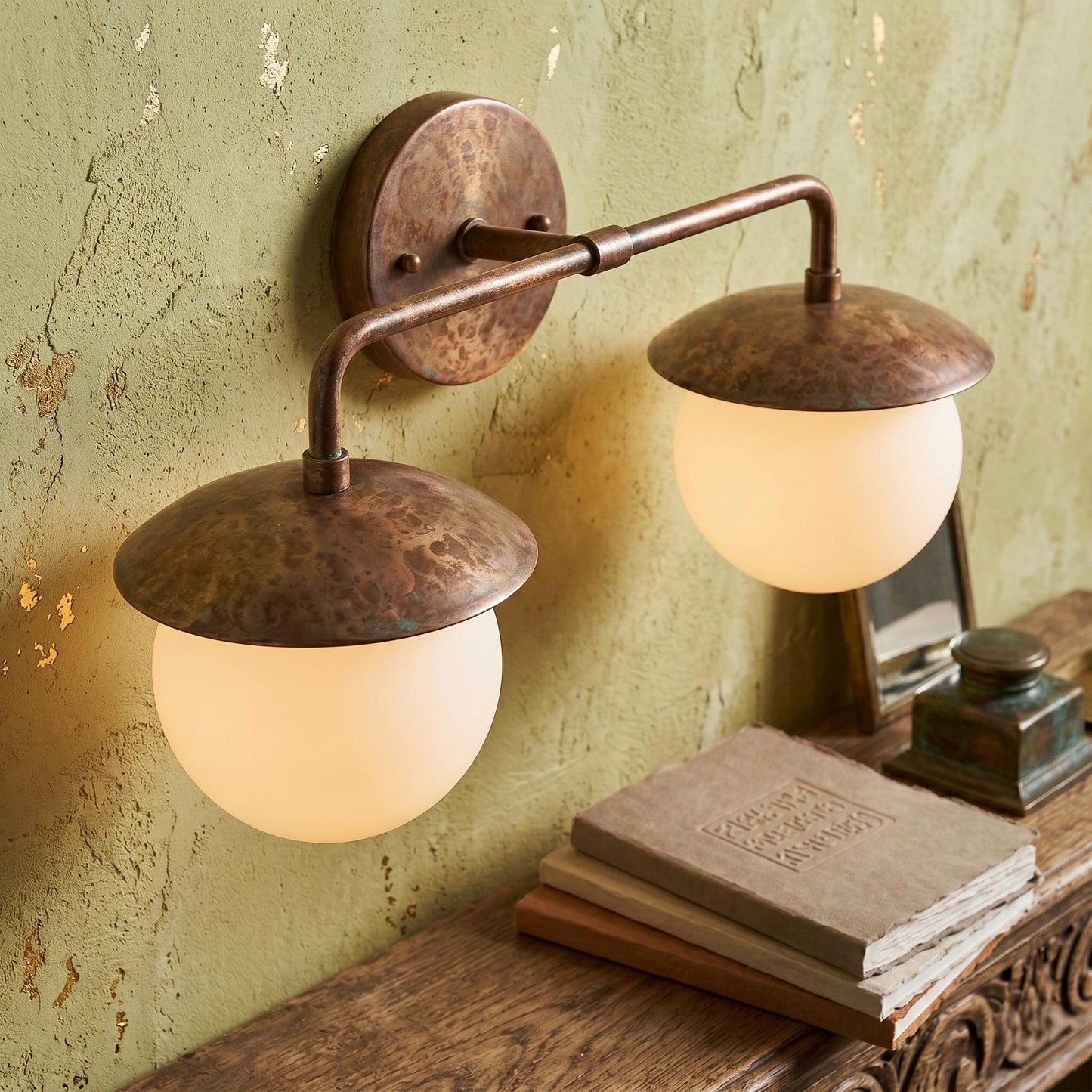 Brass Double Globe Wall Sconce – 22 Inches Mid Century Frosted Glass Lamp – Vanity Lighting