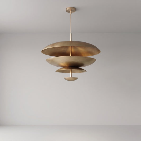 Modern Brass Tiered Chandelier, Mid Century Pendant Light, Sculptural Ceiling Fixture, Luxury Dining Room Lighting