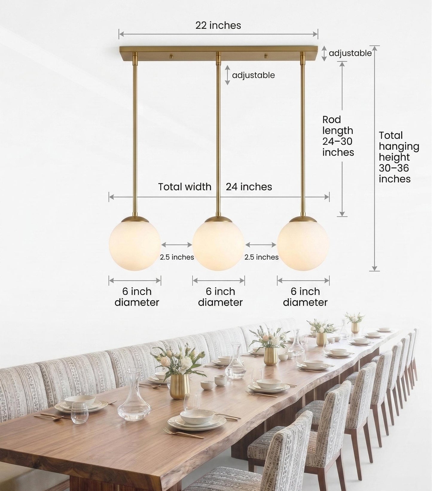 3 Globe Brass Pendant Light | Linear Chandelier, Frosted Glass, Mid Century Ceiling Fixture