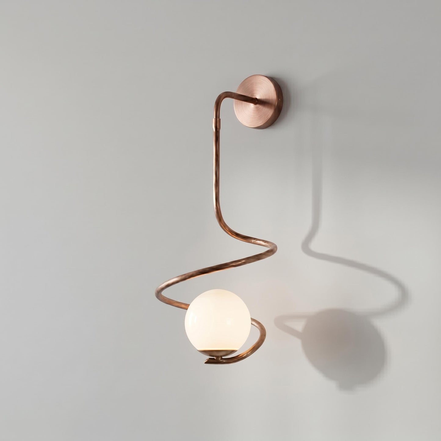 Sculptural Brass Spiral Sconce – Large Modern Opal Glass Globe Lighting Fixture