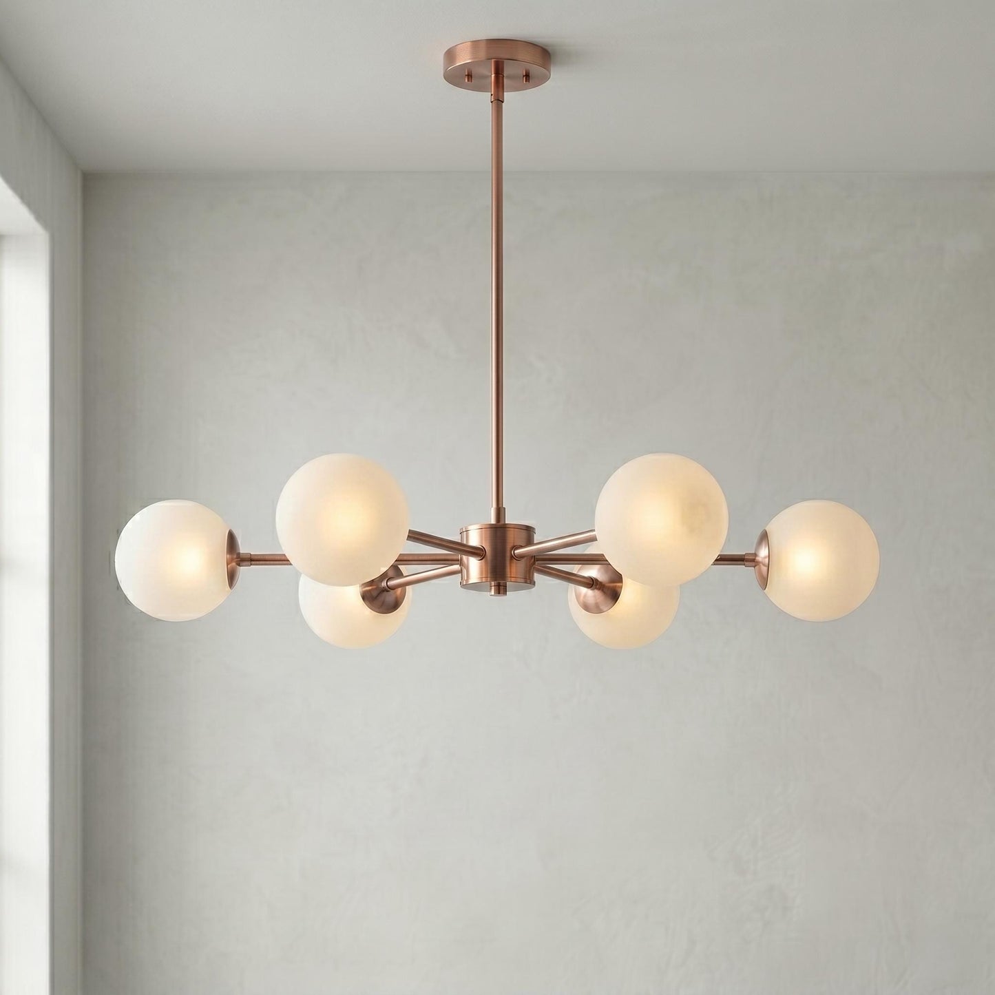 6 Light Globe Chandelier, Modern Brass Chandelier, Mid Century Ceiling Light, Frosted Globe Pendant, Dining Room Lighting