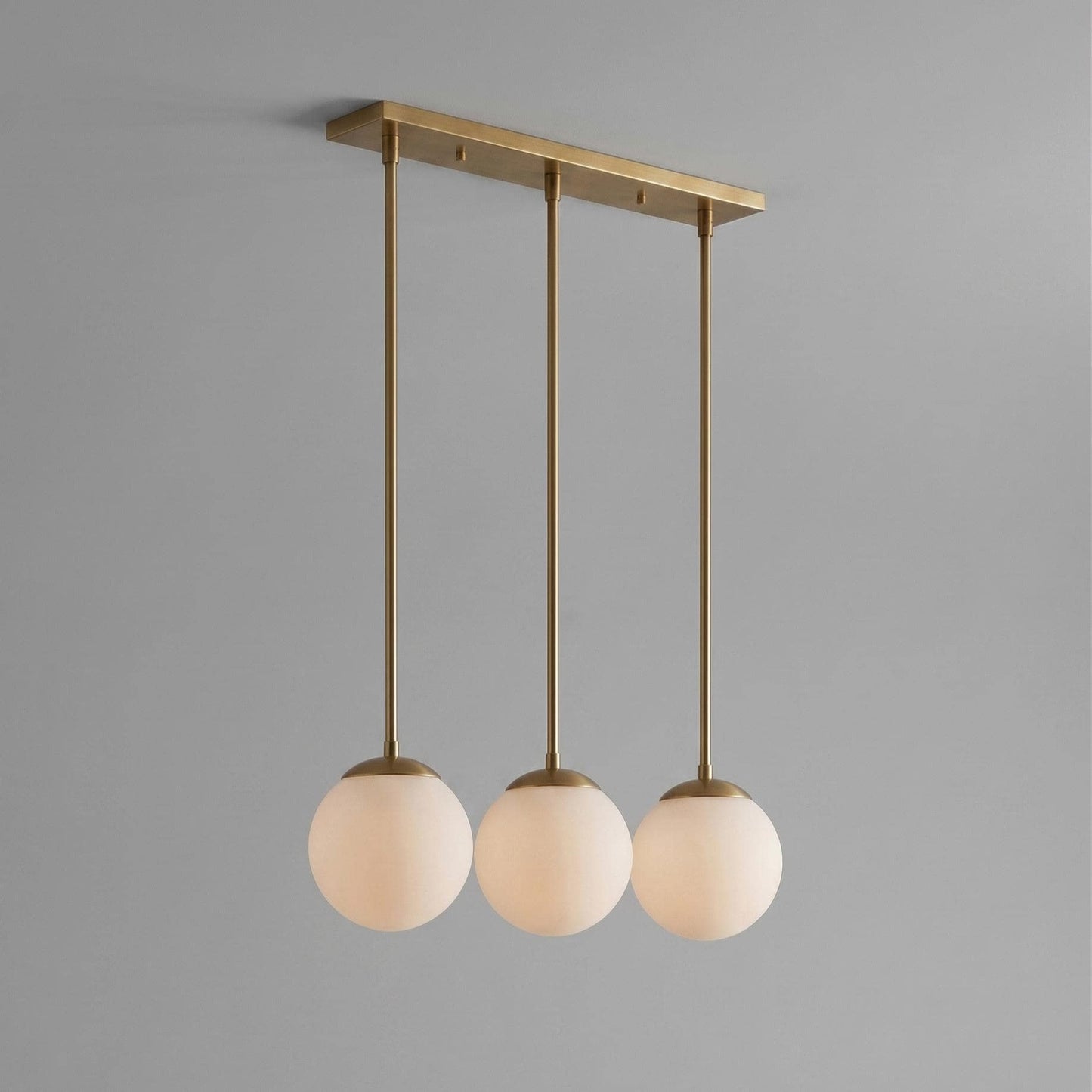 3 Globe Brass Pendant Light | Linear Chandelier, Frosted Glass, Mid Century Ceiling Fixture