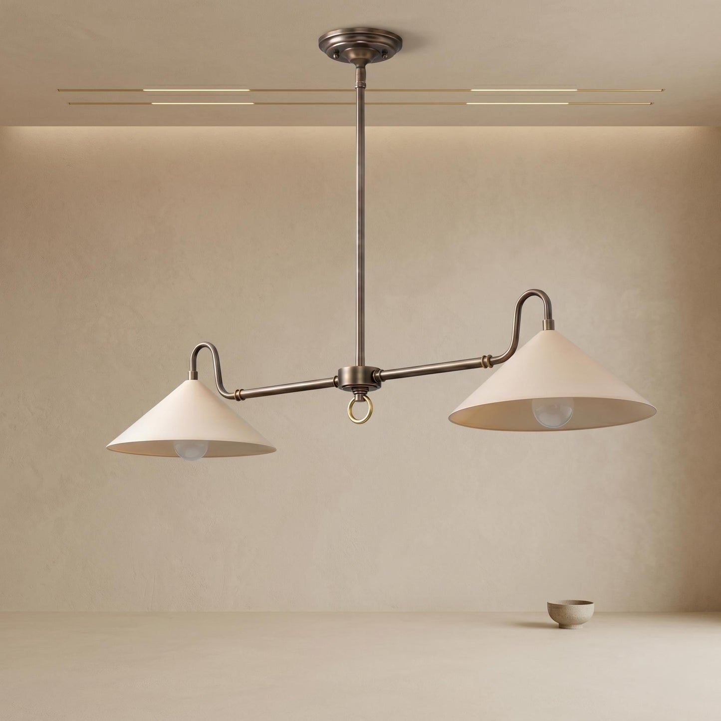Dual Shade Brass Chandelier – Modern Linear Kitchen Island Lighting (Customizable Drop)